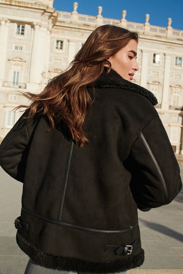 Black Faux Suede Longline Aviator Jacket