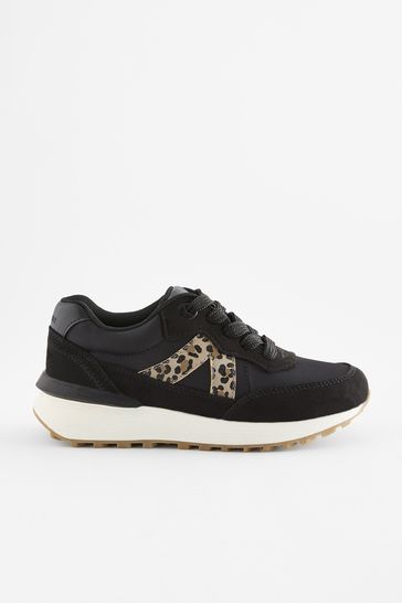 Black Animal Print Lace Up Chunky Trainers