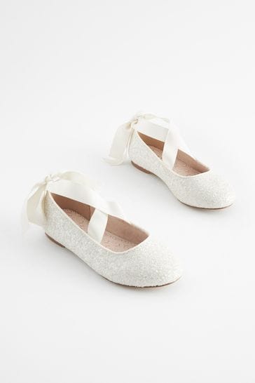 White Glitter Tie Ballerina Occasion Shoes