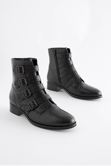 Black Regular Wide Fit Forever Comfort Stud Detail Buckle Biker Boots