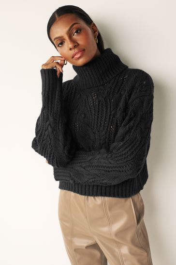 Black Crochet Open Stitch Roll Neck Jumper