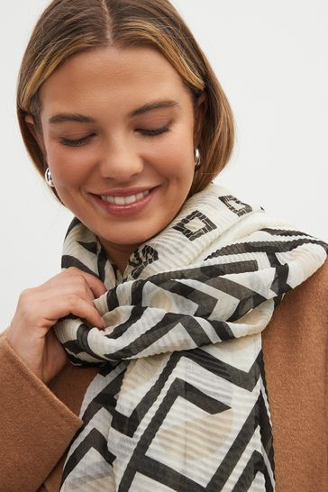 Black White Geometric Print Plisse Lightweight Scarf