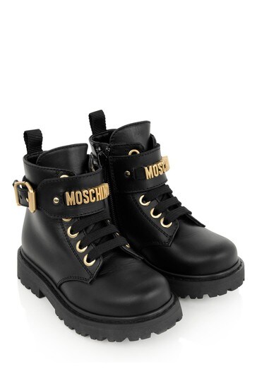 Girls Black Leather Logo Ankle Boots 