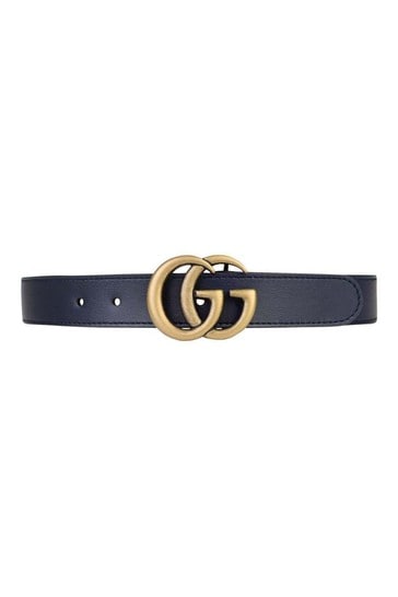 Navy Leather Belt With Gold GG Buckle 