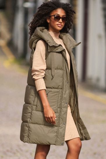 YOURS Curve Brown Quilted Longline Hooded Gilet