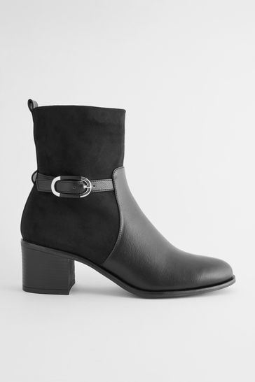 Black Regular Wide Fit Forever Comfort Buckle Detail Heeled Ankle Boots