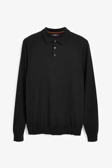 Black Regular Knitted Long Sleeve Polo Shirt