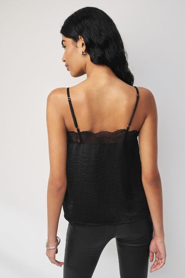 Black Lace Trim Strappy Cami Top