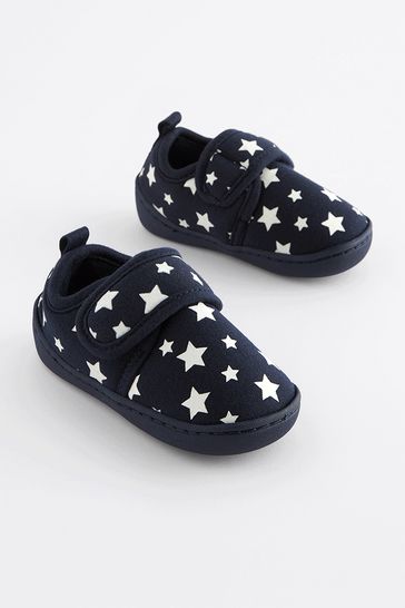 Navy Glow in the Dark Star Touch Fastening Cupsole Print Slippers