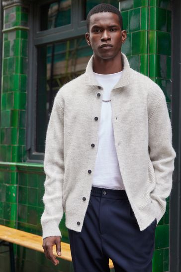 Grey Regular Knitted Button Through Long Sleeve Polo Shirt