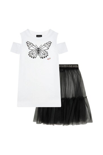 Girls White Cotton Top And Skirt Set