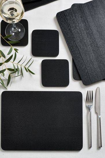 Set of 4 Black Wood Wood Veneer Placemats and Coasters