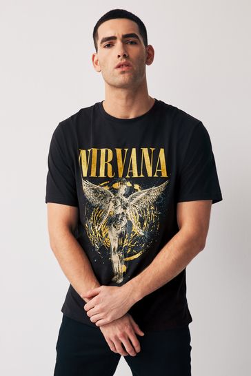 Black Nirvana Regular Fit Band Graphic 100% Cotton T-Shirt