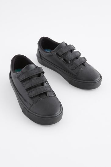 Black Wide Fit G Leather Triple Strap School Shoes