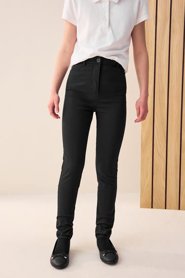 Dark Black Regular Length Skinny Fit Stretch High Waist School Trousers 9 18yrs