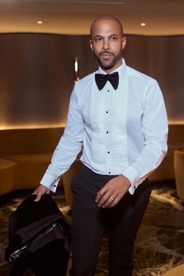 White Pleated Double Cuff 100 Cotton Dress Shirt With Cutaway Collar