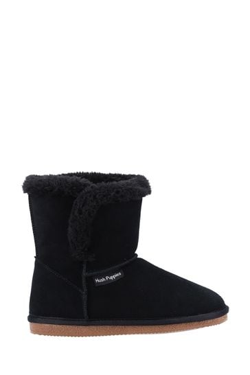 Hush Puppies Ashleigh black memory foam warm fur lined slipper booties boots 