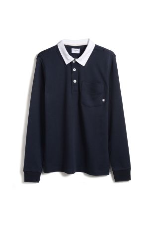 blue and white long sleeve polo