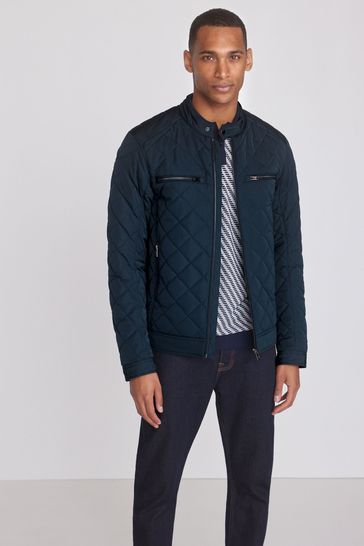 Navy Blue Shower Resistant Diamond Quilt Racer Neck Jacket