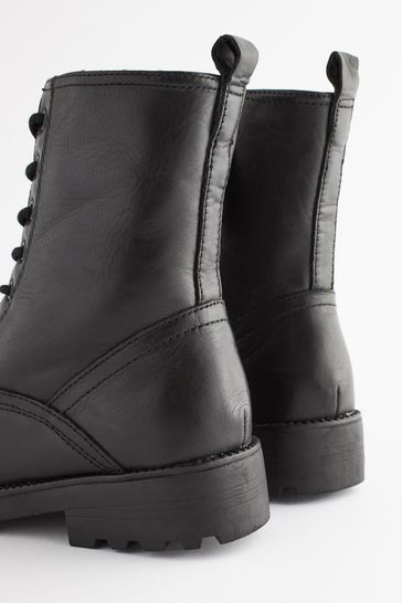 Black Leather Standard Fit F Warm Lined Lace Up Boots
