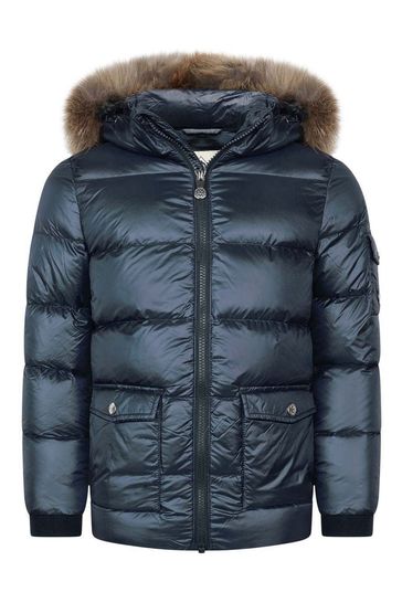 Girls Down Padded Authentic Shiny Fur Jacket in Navy