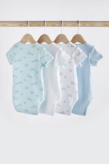 Blue White Elephant 4 Pack Short Sleeve Baby Bodysuits