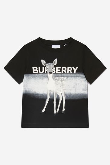 블랙 소재 보이스 코튼 사슴 프린트 티셔츠
