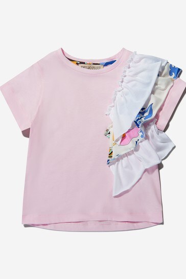 Girls Cotton Ruffle Trim T-Shirt in Pink