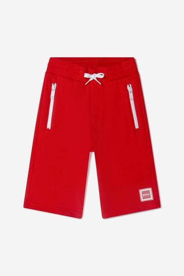 Boys Cotton French Terry Branded Shorts in Red