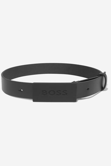 Boys Leather Belt With Branded Buckle in Black