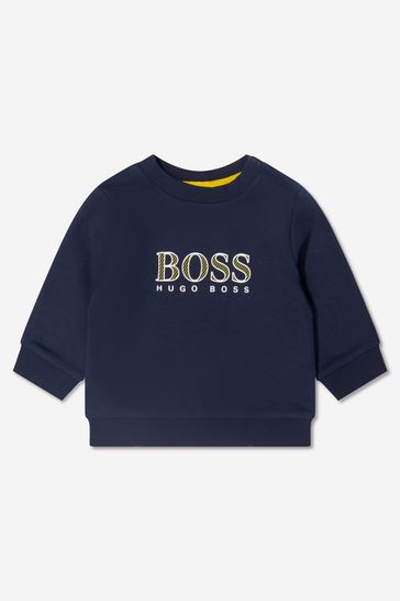 Baby Boys Cotton French Terry Logo Sweater in Navy