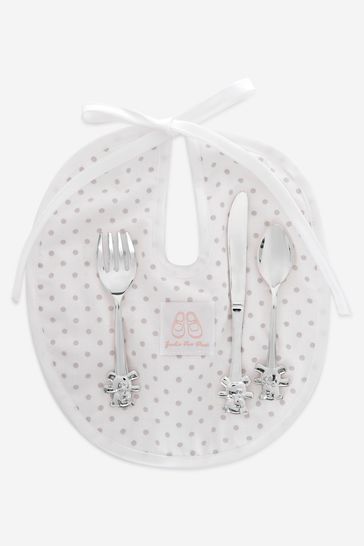 Baby Unisex Cutlery And Bib Set in Silver