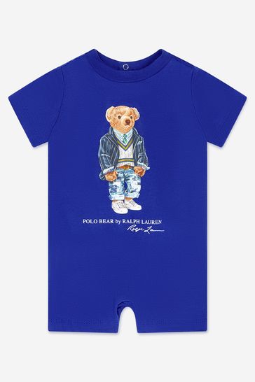 Baby Boys Cotton Jersey Polo Bear Romper in Blue