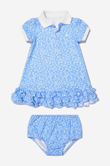 파란색의 속옷을 입은 베이비 걸스 코튼 플로럴 러플 드레스