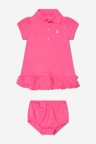 핑크 의 아기 소녀 면 주름 폴로 드레스
