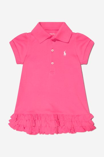 핑크 의 아기 소녀 면 주름 폴로 드레스