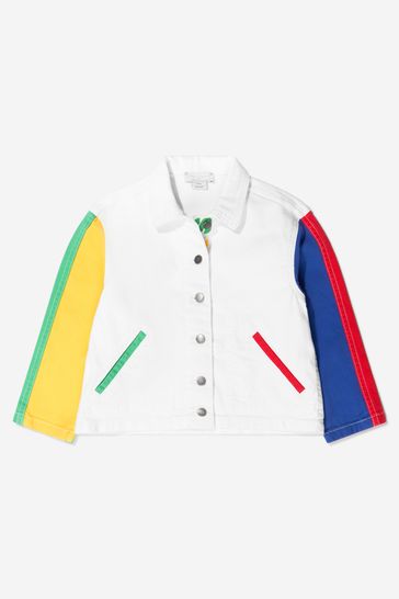 Girls Cotton Denim Colourblock Jacket in White