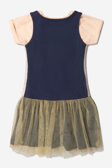 Girls Cotton Logo Dress And Top Set in Navy