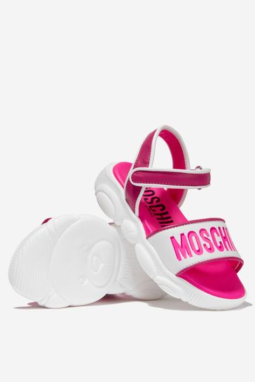 Girls Leather Logo Print Sandals in Pink