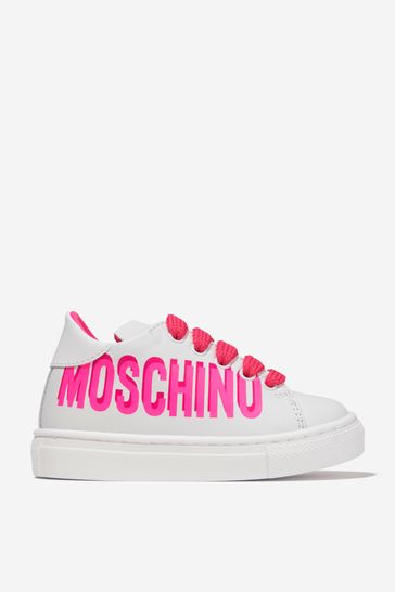 Girls Leather Logo Print Trainers in White