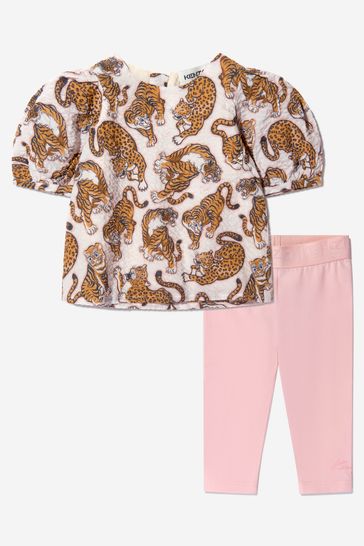 Baby Girls Cotton Tiger Blouse And Leggings Set in Pink
