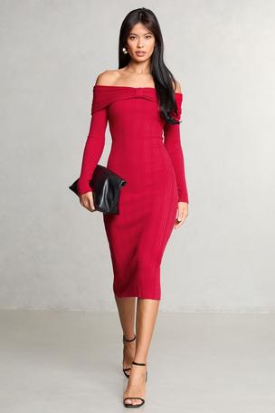 Buy Lipsy Knitted Bow Detail Ribbed Bardot Dress from the Laura Ashley online shop