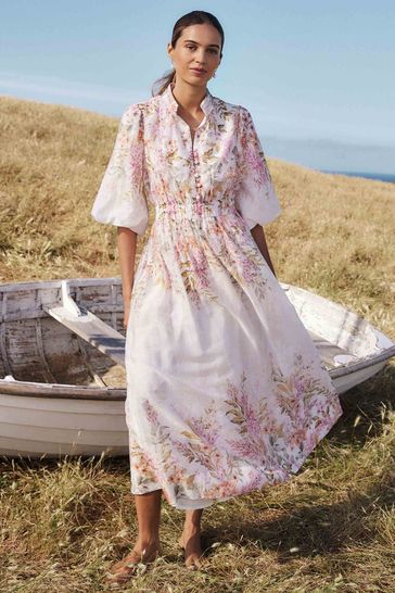 Forever New White Ivy Printed Puff Sleeve Midi Dress With A Touch of Linen
