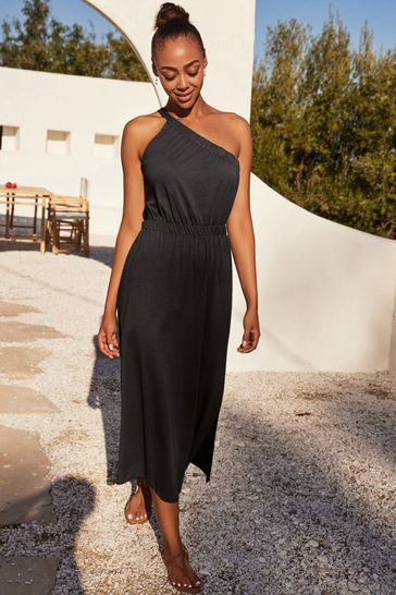 Black One Shoulder Split Hem Cotton Midi Summer Dress