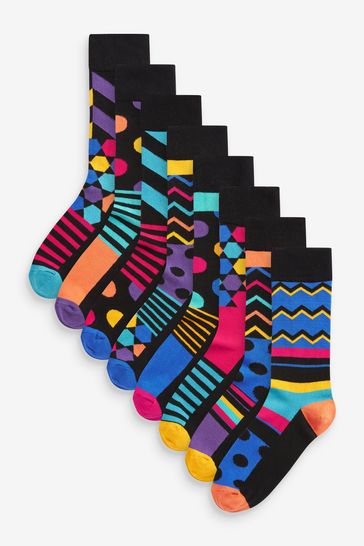 Black/Bright Geo Pattern Socks 8 Pack
