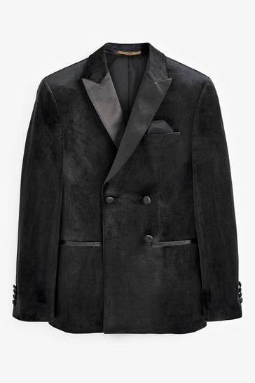 Black Double Breasted Slim Fit Velvet Blazer