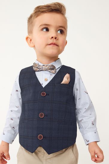 Navy Blue Check Waistcoat Set With Shirt And Bow Tie (3mths-7yrs)