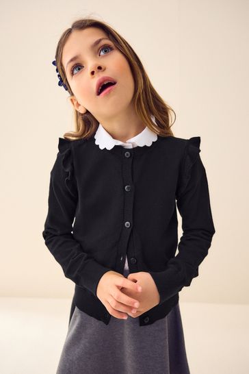 Black Cotton Rich Frill Shoulder School Cardigan (3-16yrs)