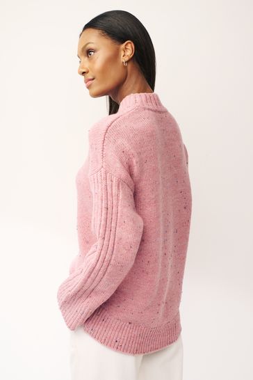 XFLWAM Womens Knitted Deep V-Neck Lace Trim Long Sleeve Wrap Front Loose  Sweater Pullover Jumper Tops Pink M 