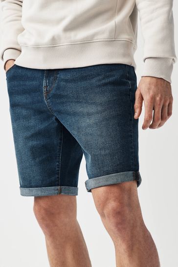 Mid Blue Straight Fit Stretch Denim Shorts